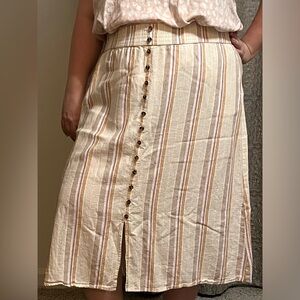 Sonoma Tan/Red/Orange Linen Blend Midi Skirt with Pockets and Button Details